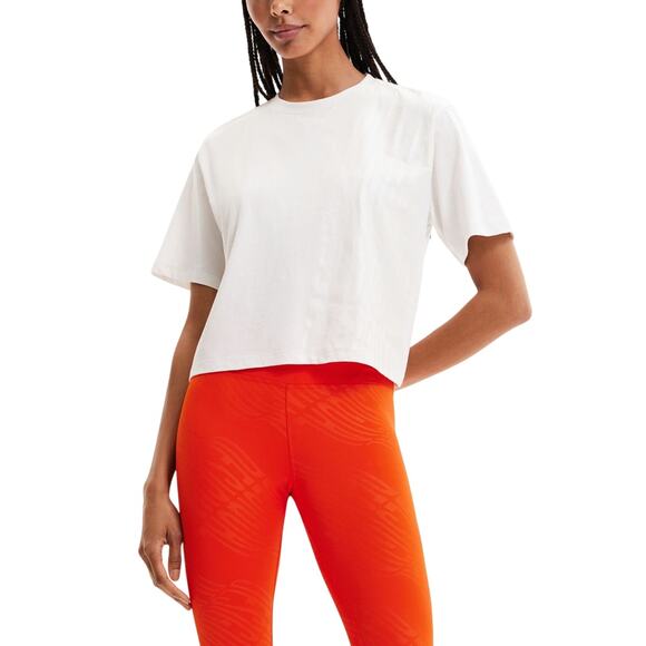Desigual White Cropped Logo Tee XXL NWT | Boxy Shiny Graphic Sport Top - Picture 1 of 9
